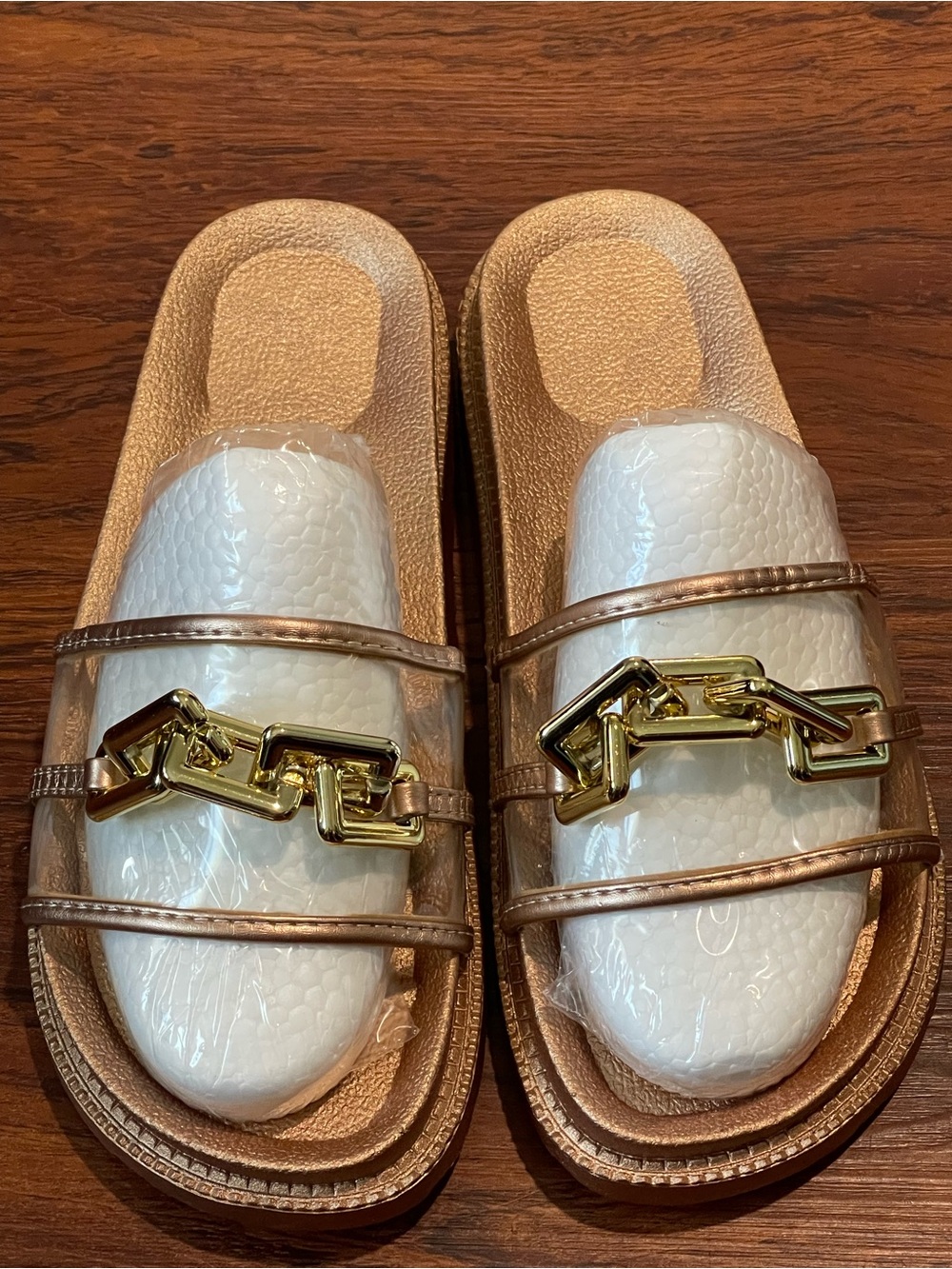 Metallic Rose Gold Chain Detail Slide Sandals